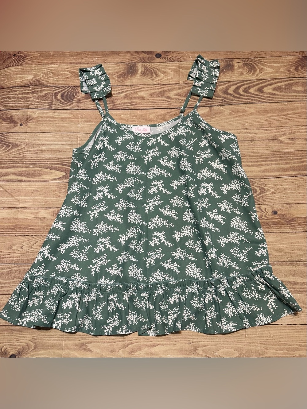 Women’s Pink Lily Green Floral Ruffle Strap Tank Top Size M